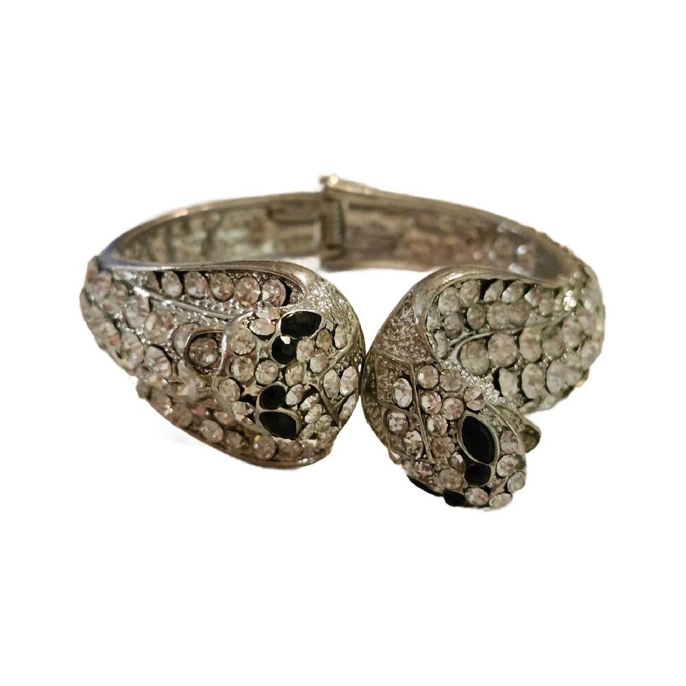 Vintage Crystal Encrusted Double Headed Cobra Clamper Bracelet
